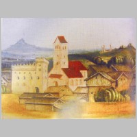 Stadtpfarrkirche vor der Ruine der ersten Tölzer Burg (ca. 1490), Malerei in der St. Stephanskapelle in Berg (Ausschnitt) Wikipedia.JPG